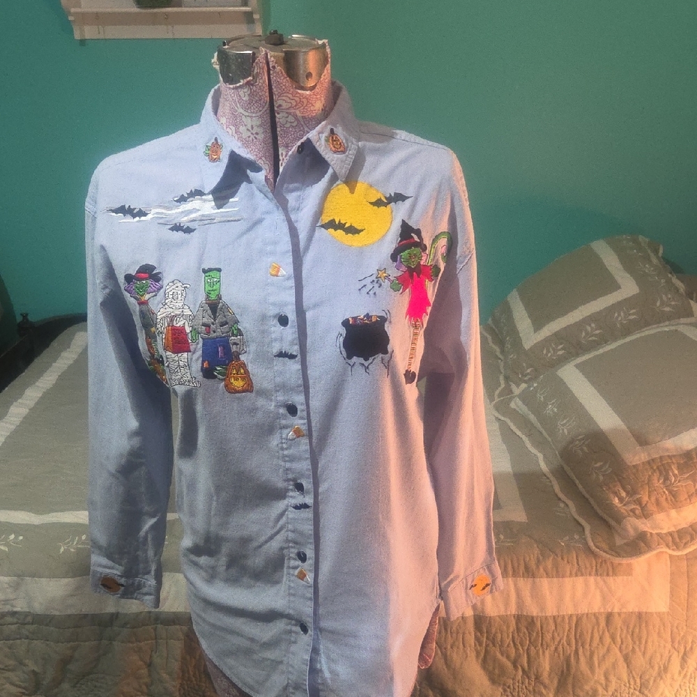 Women's Halloween Embroidered Shirt - Blue